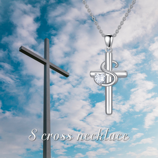 Sterling Silver Heart Shaped Cubic Zirconia Cross Pendant Necklace with Initial Letter S-6