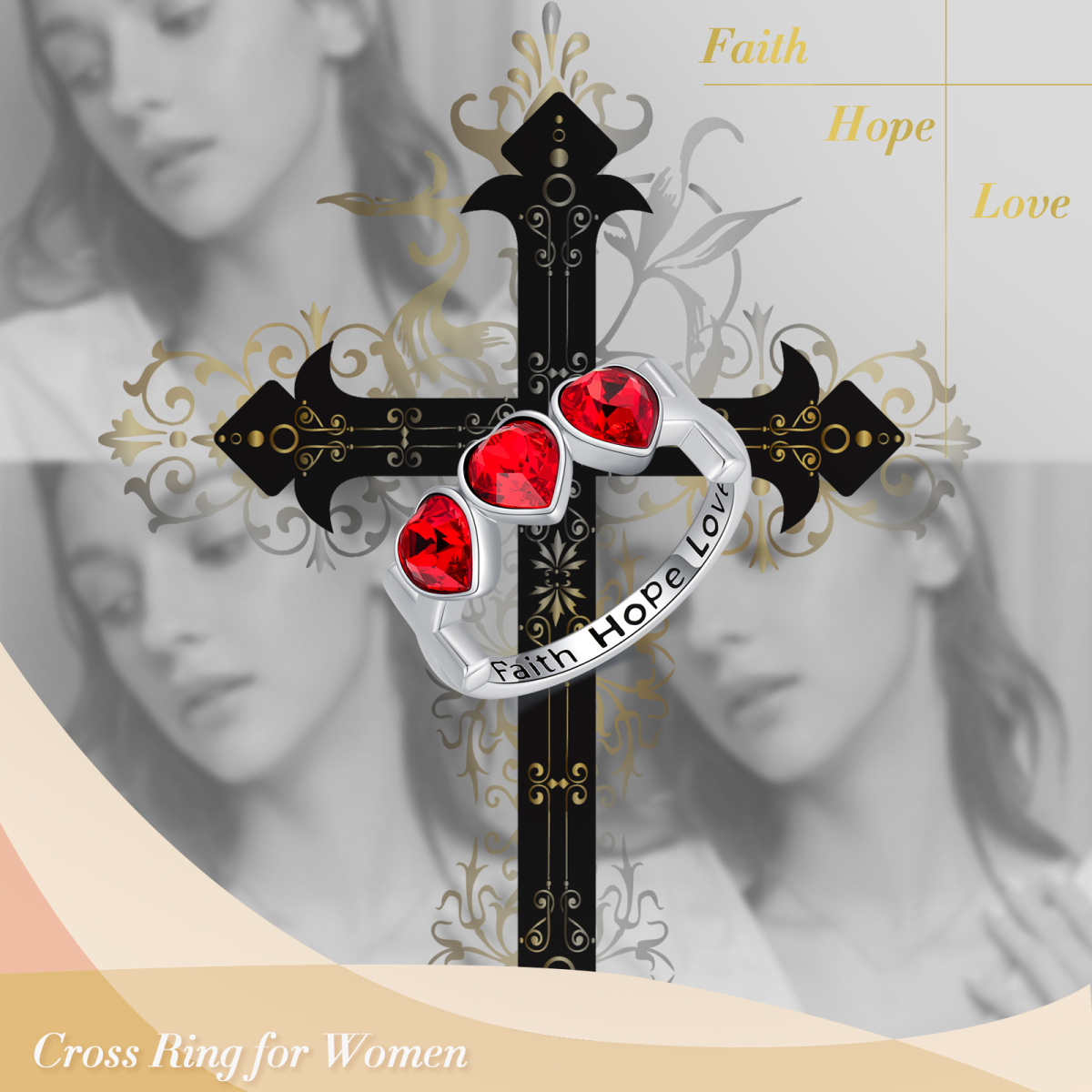 Sterling Silver Heart Cubic Zirconia Cross Ring For Women-7