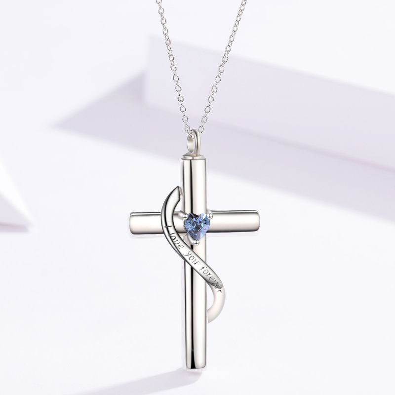 Sterling Silver Heart Cubic Zirconia Cross Personalised Birthstone Urn Necklace For Ashes With Engraved Word-3
