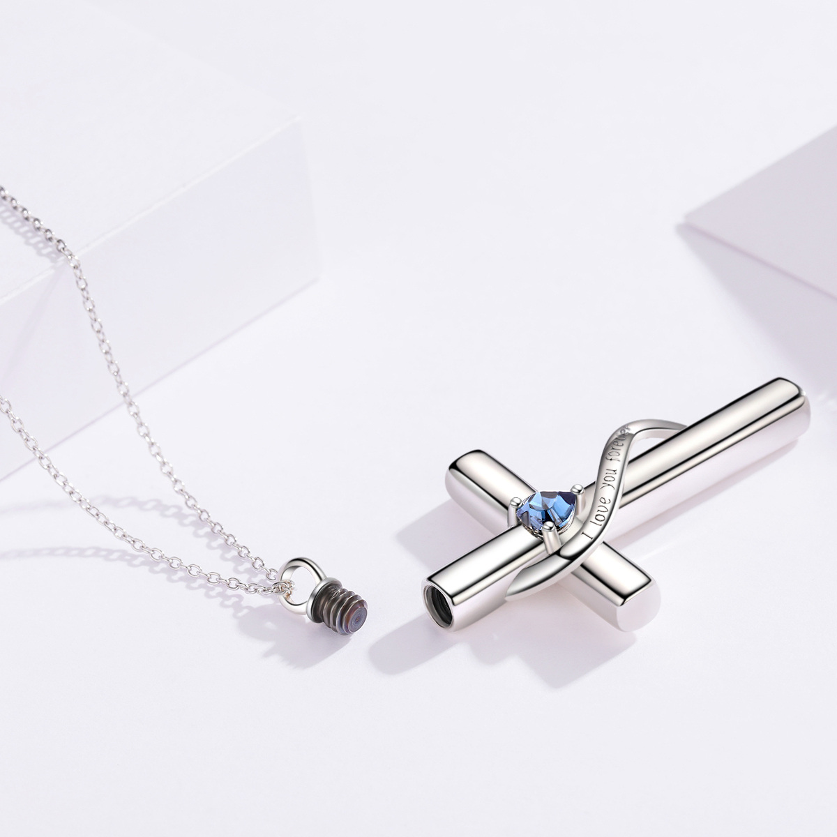 Sterling Silber Herz geformt Cubic Zirkonia Kreuz & Herz Urne Halskette für Asche mit eing-4