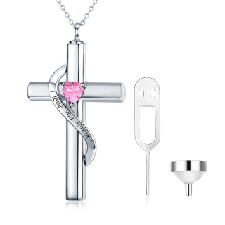 Sterling Silver Heart Cubic Zirconia Cross Personalised Birthstone Urn Necklace For Ashes With Engraved Word-6