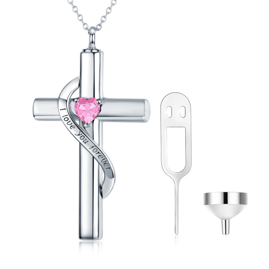 Sterling Silver Heart Cubic Zirconia Cross Personalised Birthstone Urn Necklace For Ashes With Engraved Word