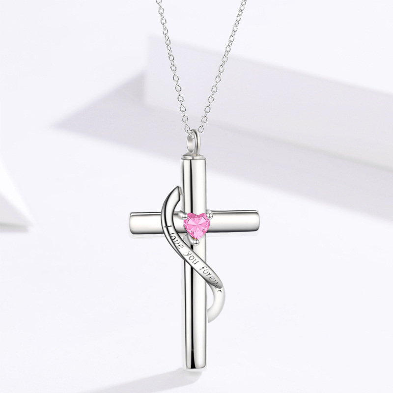 Sterling Silver Heart Cubic Zirconia Cross Personalised Birthstone Urn Necklace For Ashes With Engraved Word-3