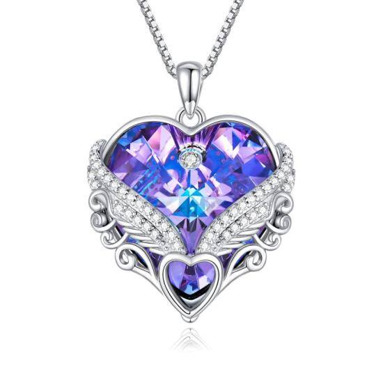 Sterling Silver Heart Shaped Crystal Angel Wing & Feather & Heart Pendant Necklace