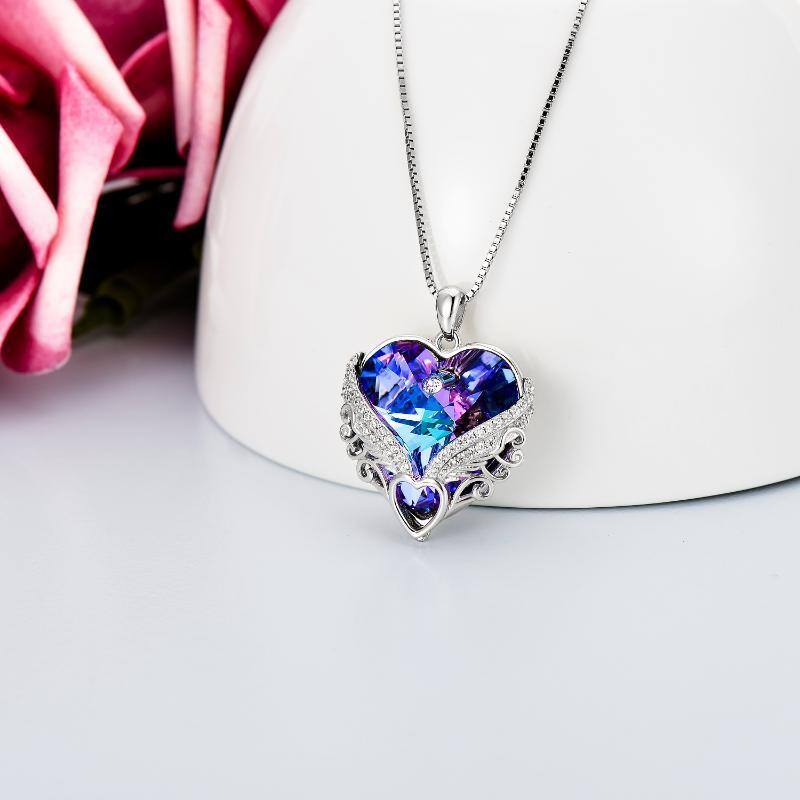 قلادة نسائية من الفضة الإسترلينية على شكل قلب وأجنحة ملاك وكريستال وريشة-3