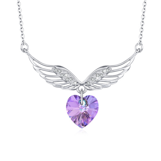 Sterling Silver Heart Shaped Crystal Angel Wing Pendant Necklace