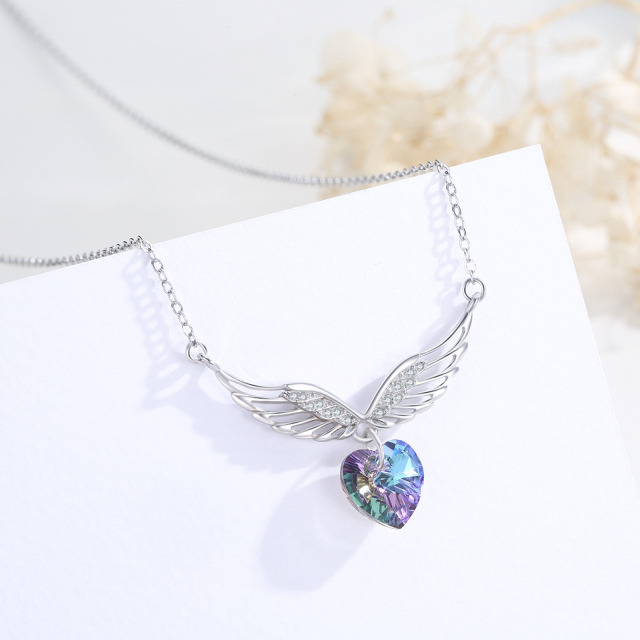 Sterling Silver Heart Shaped Crystal Angel Wing Pendant Necklace-3