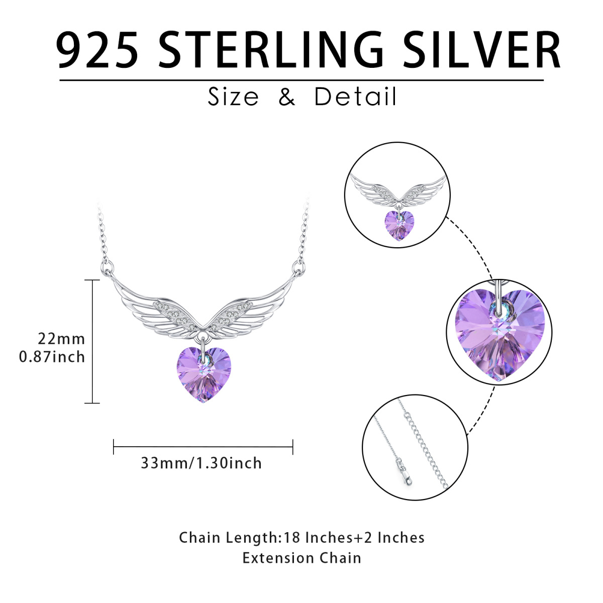 Collier pendentif aile d'ange en cristal en forme de cœur en argent sterling-4