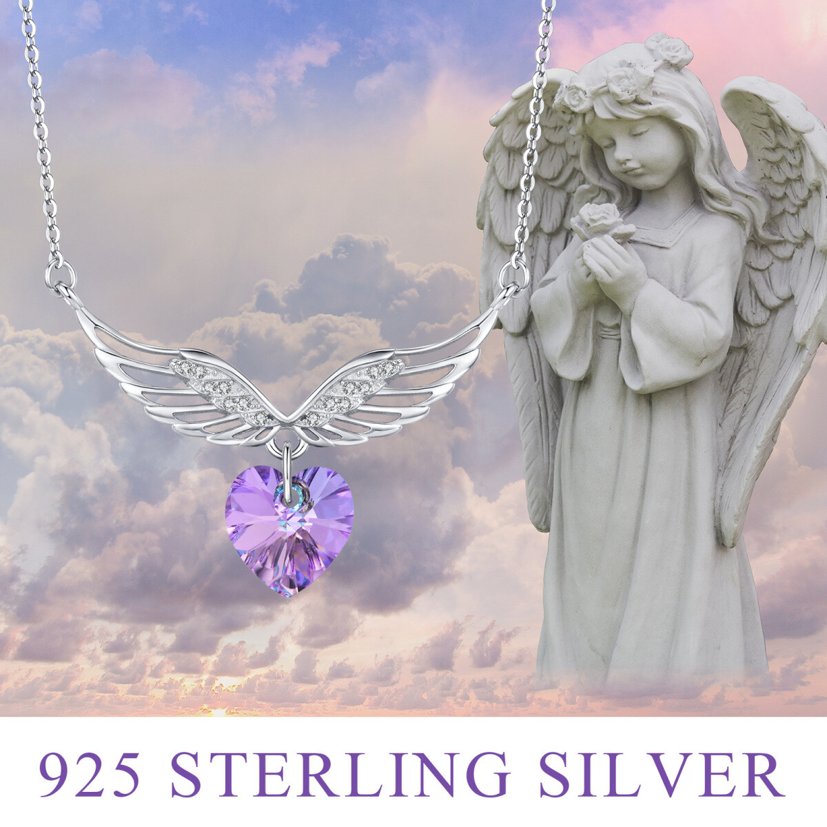 Collier pendentif aile d'ange en cristal en forme de cœur en argent sterling-5