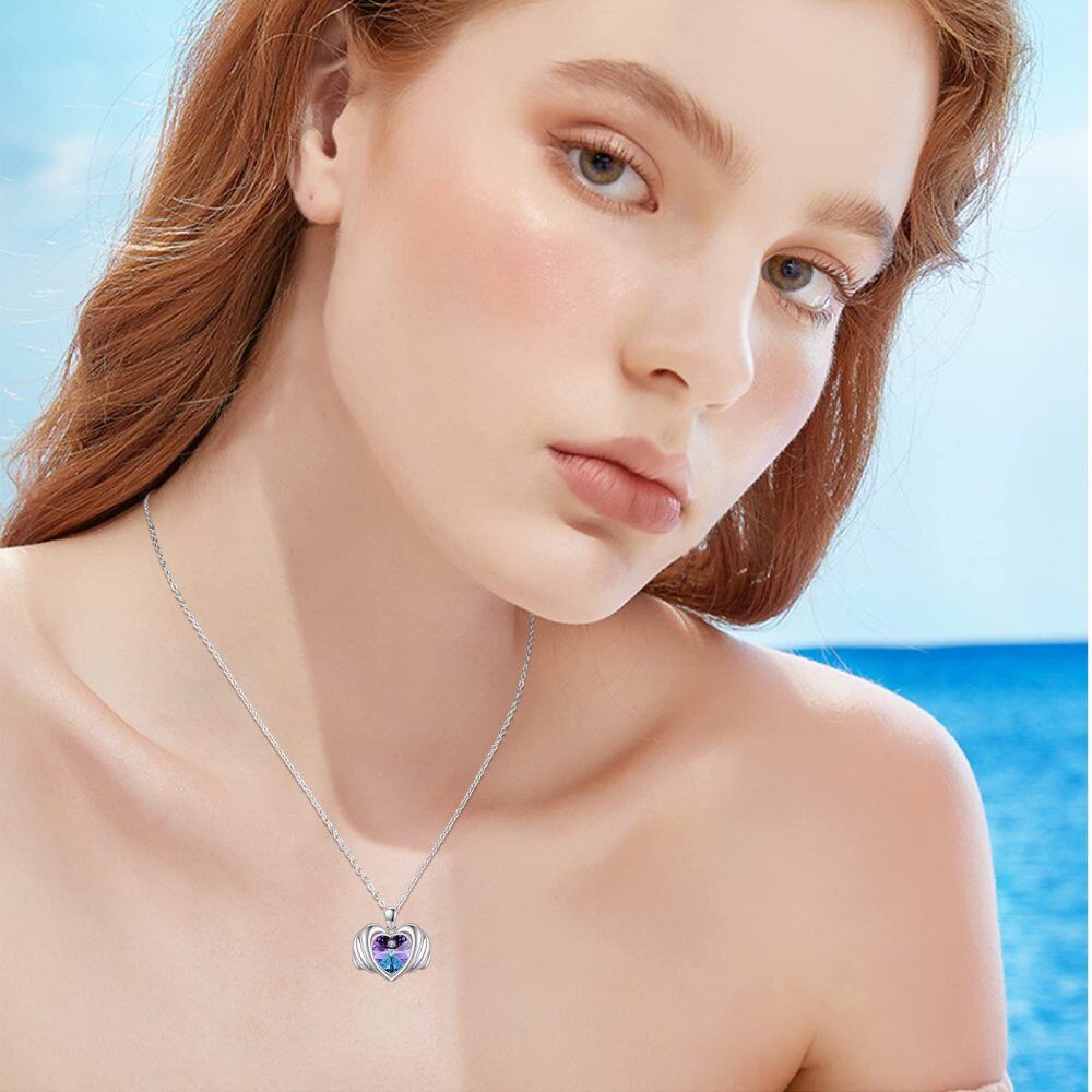 Sterling Silver Heart Crystal Angel Wing Pendant Necklace For Women-2