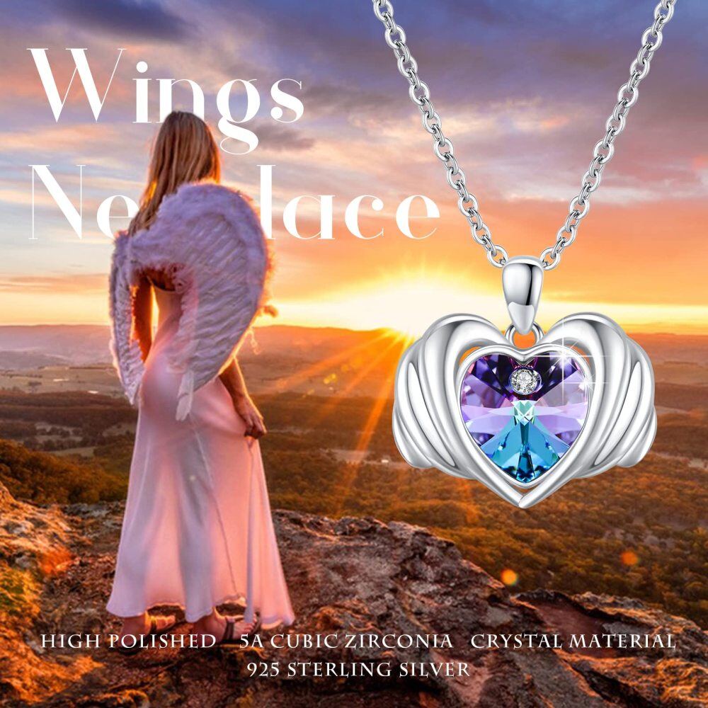 Sterling Silver Heart Crystal Angel Wing Pendant Necklace For Women-5