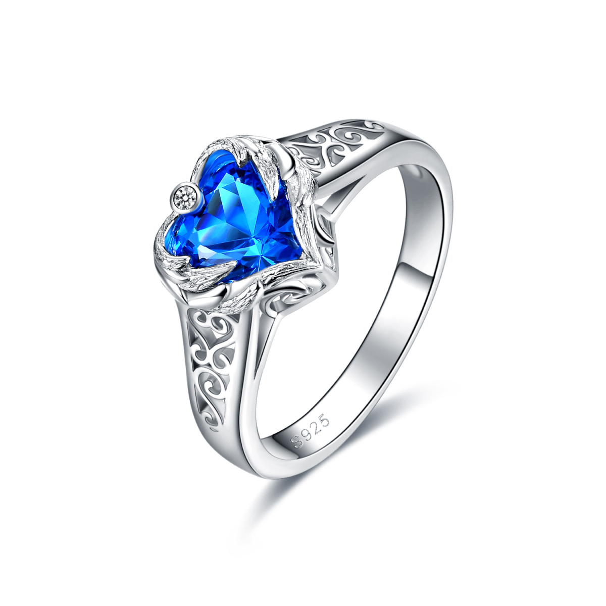 Sterling Silver Blue Heart Crystal Angel Wing With Heart Ring For Women-1