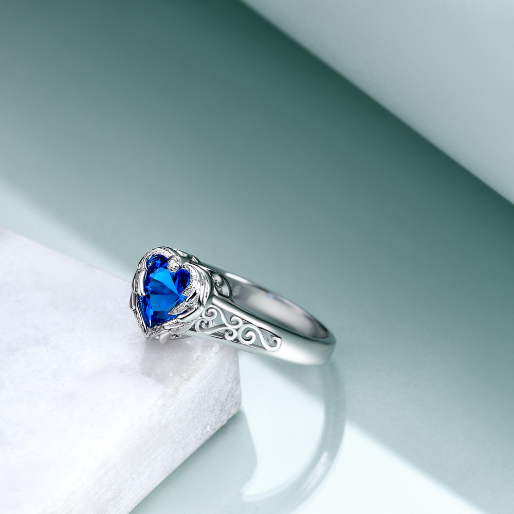 Anillo de plata de ley con alas de ángel y corazón de cristal azul para mujer-2