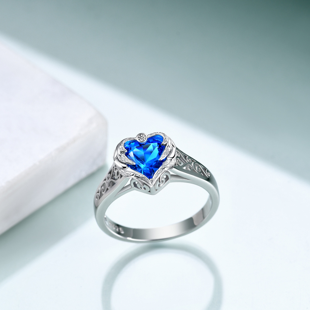 Anillo de plata de ley con alas de ángel y corazón de cristal azul para mujer-3