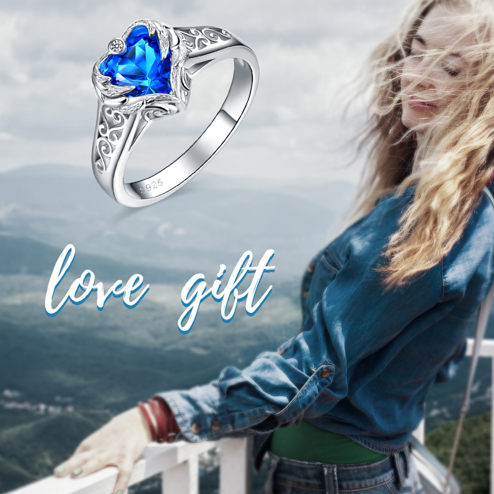 Anillo de plata de ley con alas de ángel y corazón de cristal azul para mujer-4