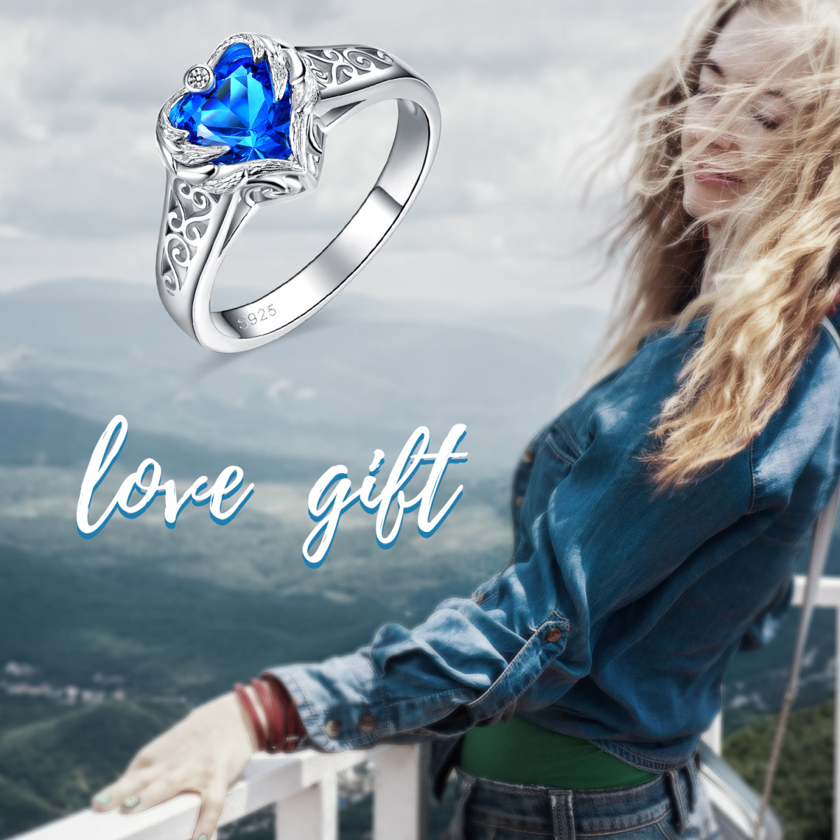 Sterling Silver Blue Heart Crystal Angel Wing With Heart Ring For Women-4