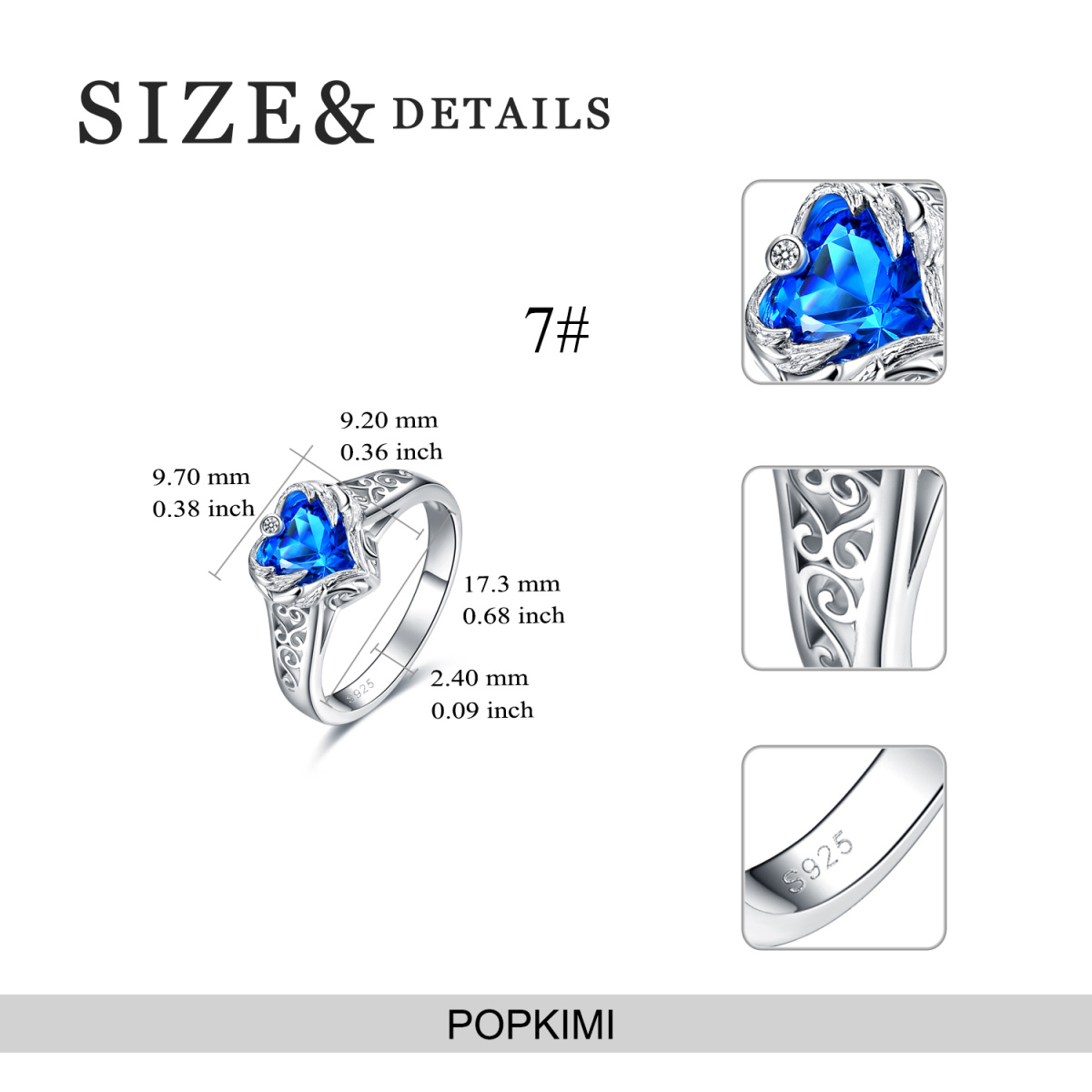 Aile d'ange en argent sterling et cristal bleu avec bague en forme de cœur pour femme-6