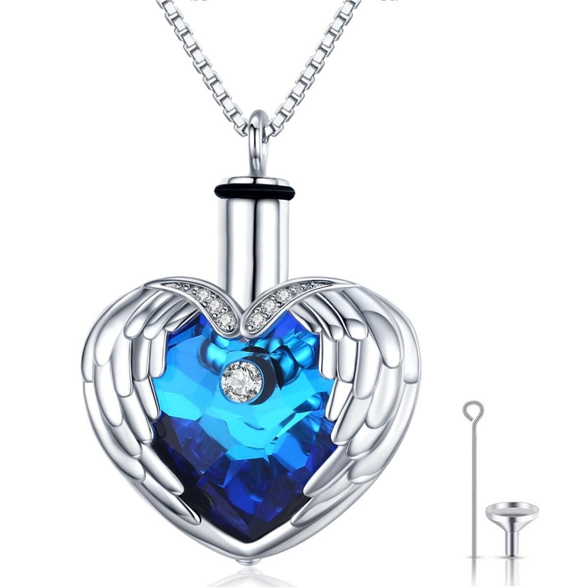 Sterling Silver Heart Crystal Angel Wing Urn Necklace For Ashes-1