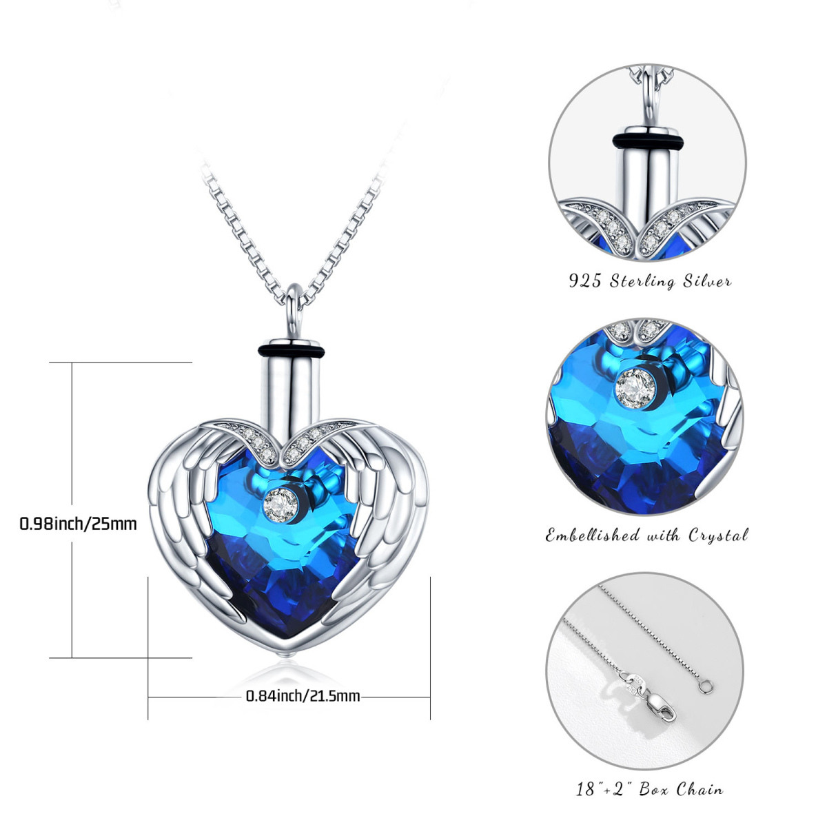 Collier en argent sterling pour cendres en forme de coeur et d'aile d'ange en cristal-4