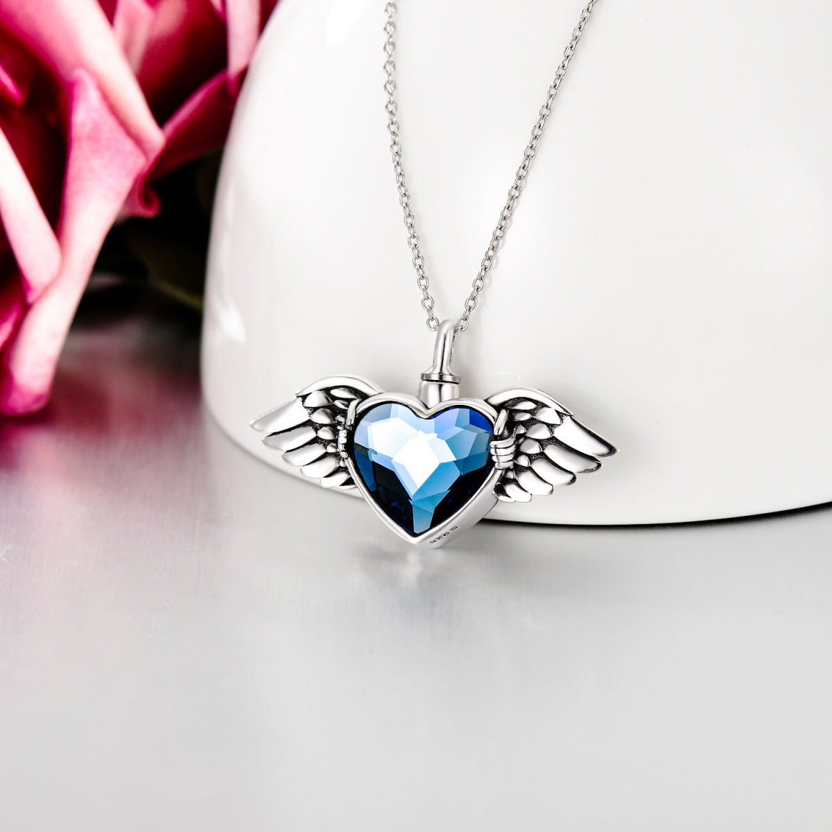 Sterling Silver Heart Crystal Angel Wing Urn Necklace For Ashes For Women-3