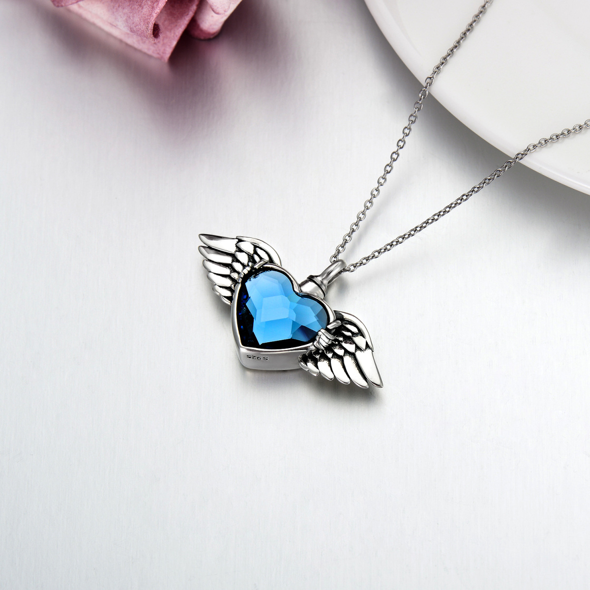 Collar de plata de ley con forma de corazón y ala de ángel para cenizas para mujer-4