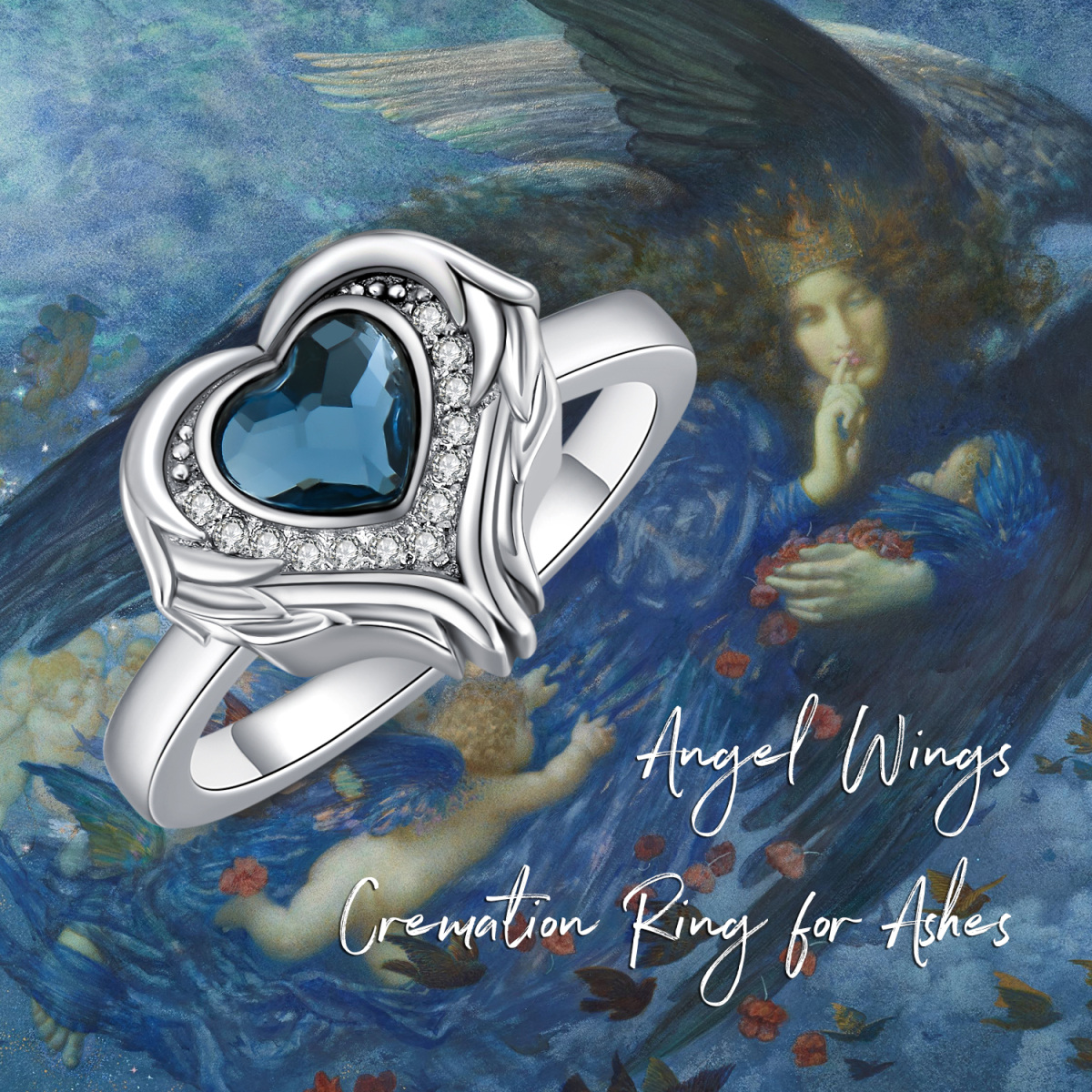 Anello da donna con ala d'angelo in cristallo a cuore in argento sterling con urna a cuore-3