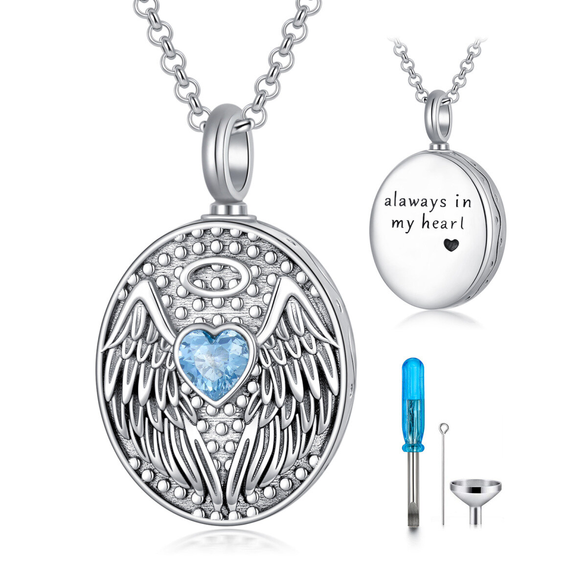 Sterling Silver Heart Shaped Crystal Angel Wings Urn Necklace for Ashes with Engraved Word-1