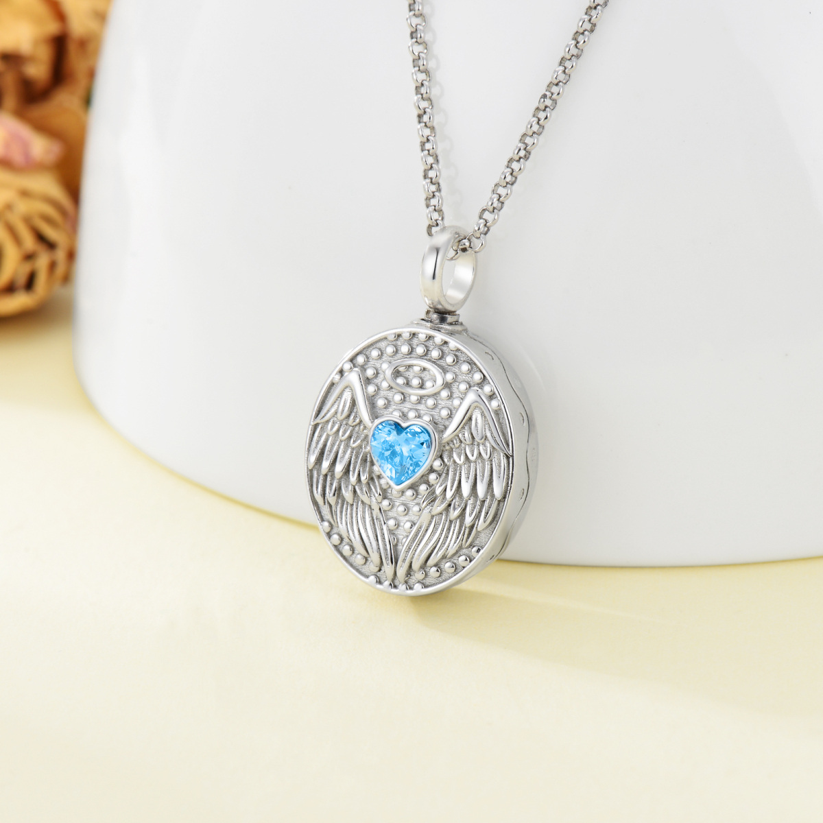 Sterling Silver Heart Shaped Crystal Angel Wings Urn Necklace for Ashes with Engraved Word-3