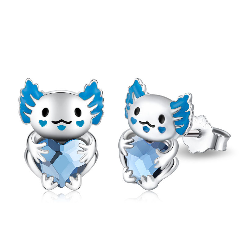 Orecchini a bottone da donna in argento sterling con cristallo a cuore e Axolotl-15