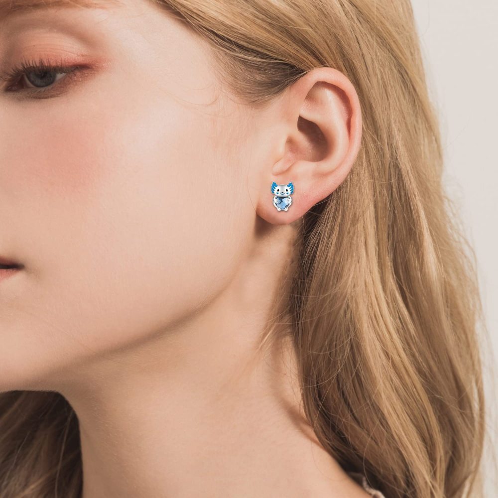 Sterling Silver Heart Crystal With Axolotl Stud Earrings For Women-2