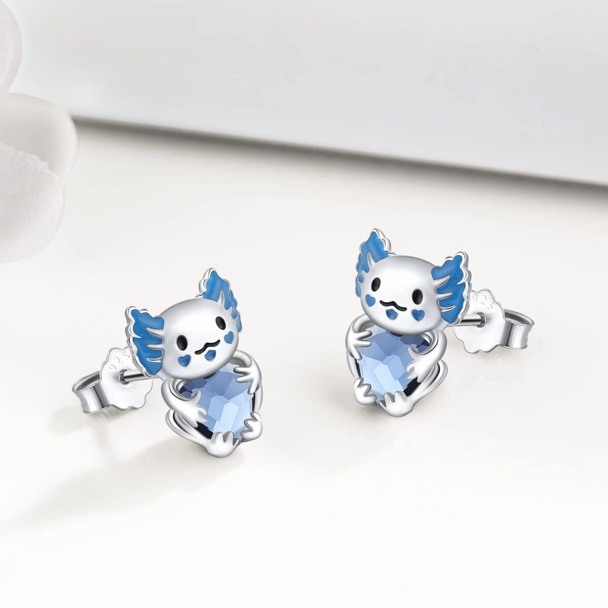 Boucles d'oreilles en argent sterling avec Axolotl en forme de coeur et cristal-3