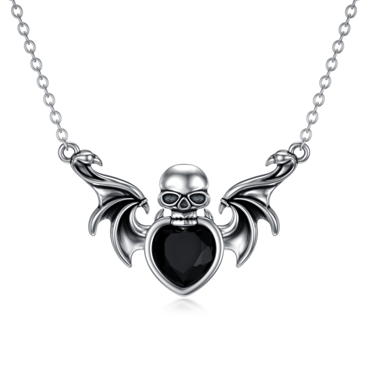 Sterling Silver Heart Shaped Crystal Bat & Skull Pendant Necklace-1