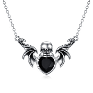 Sterling Silver Heart Shaped Crystal Bat & Skull Pendant Necklace-4