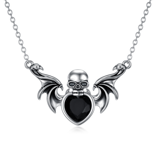 Sterling Silver Heart Shaped Crystal Bat & Skull Pendant Necklace