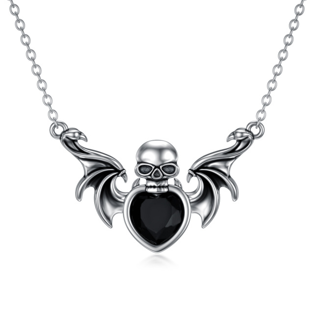 Sterling Silver Heart Shaped Crystal Bat & Skull Pendant Necklace-3