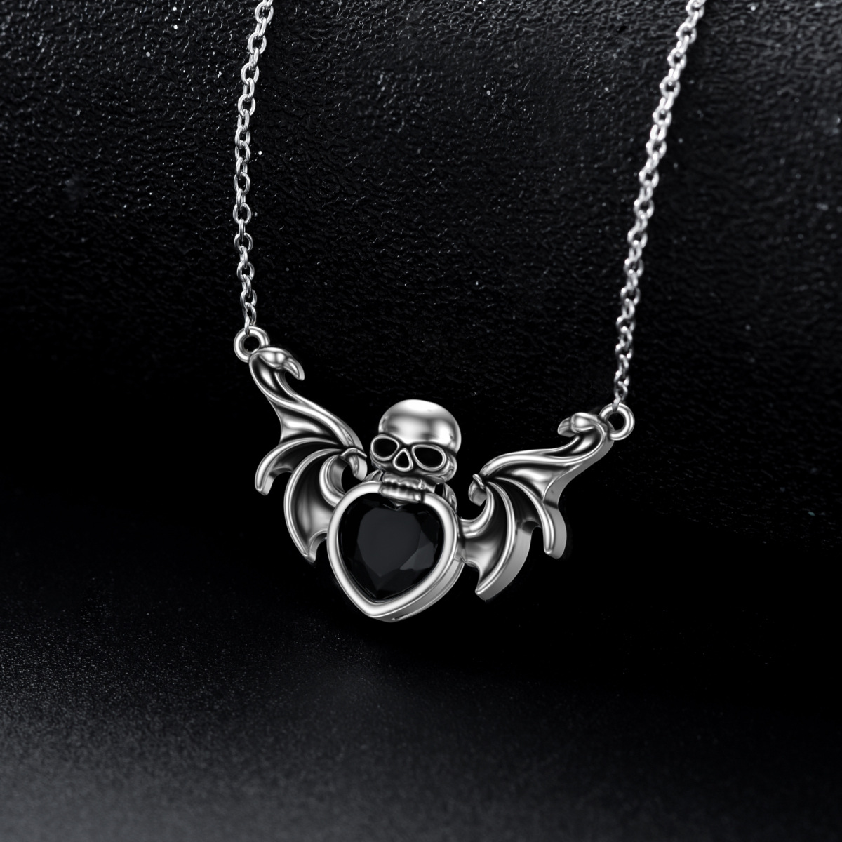 Collier en argent sterling avec pendentif chauve-souris et tête de mort en forme de coeur-3