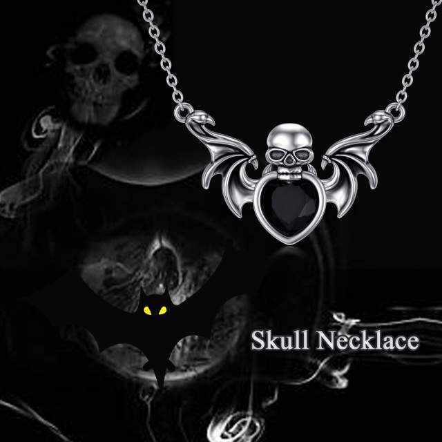 Sterling Silber Herzförmiger Kristall Fledermaus & Totenkopf Anhänger Halskette-5