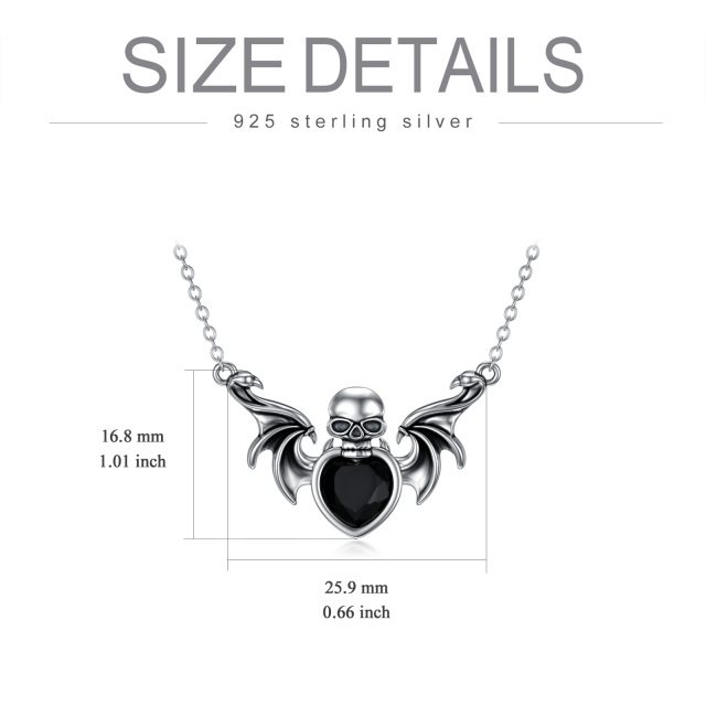 Sterling Silver Heart Shaped Crystal Bat & Skull Pendant Necklace-6