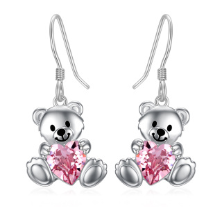 Sterling Silver Heart Crystal With Bear Drop Earrings For Women-2