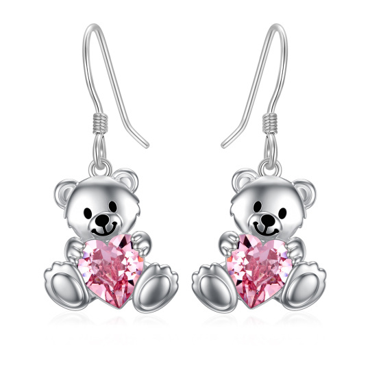 Sterling Silver Heart Shaped Crystal Bear & Heart Drop Earrings