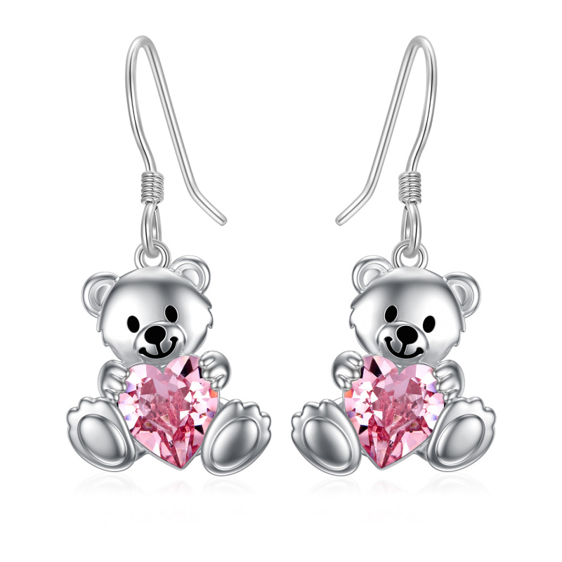 Sterling Silver Heart Shaped Crystal Bear & Heart Drop Earrings