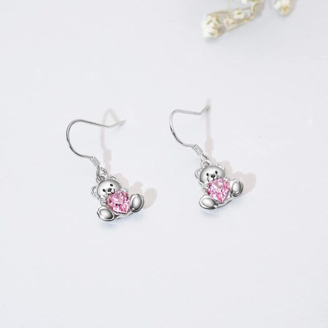 Sterling Silver Heart Shaped Crystal Bear & Heart Drop Earrings-3