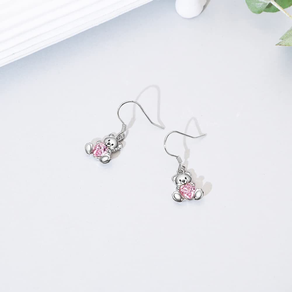 Pendientes colgantes de plata de ley con forma de corazón y oso para mujer-4