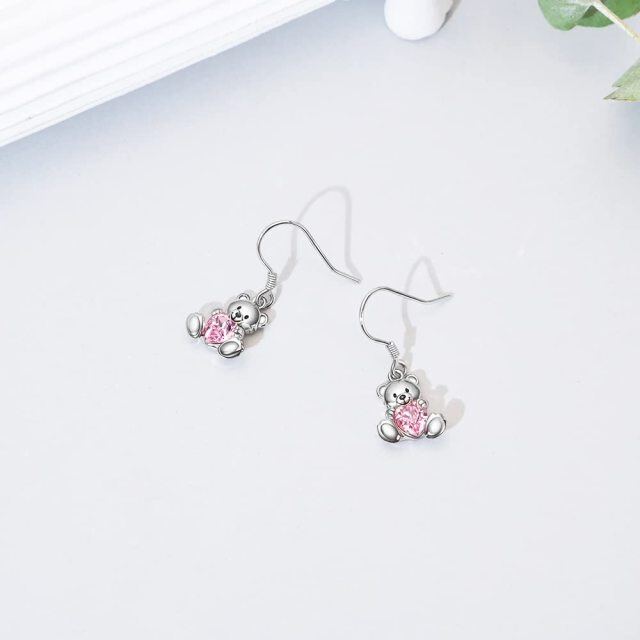 Pendientes de plata de ley con forma de corazón y oso de cristal-4