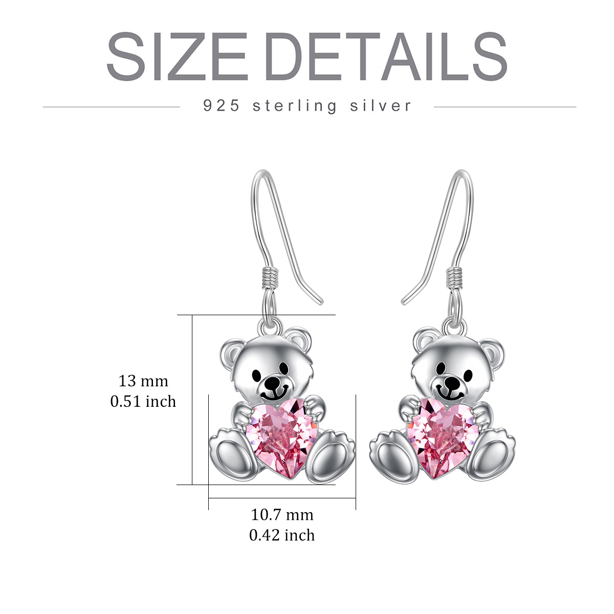 Pendientes colgantes de plata de ley con forma de corazón y oso para mujer-5