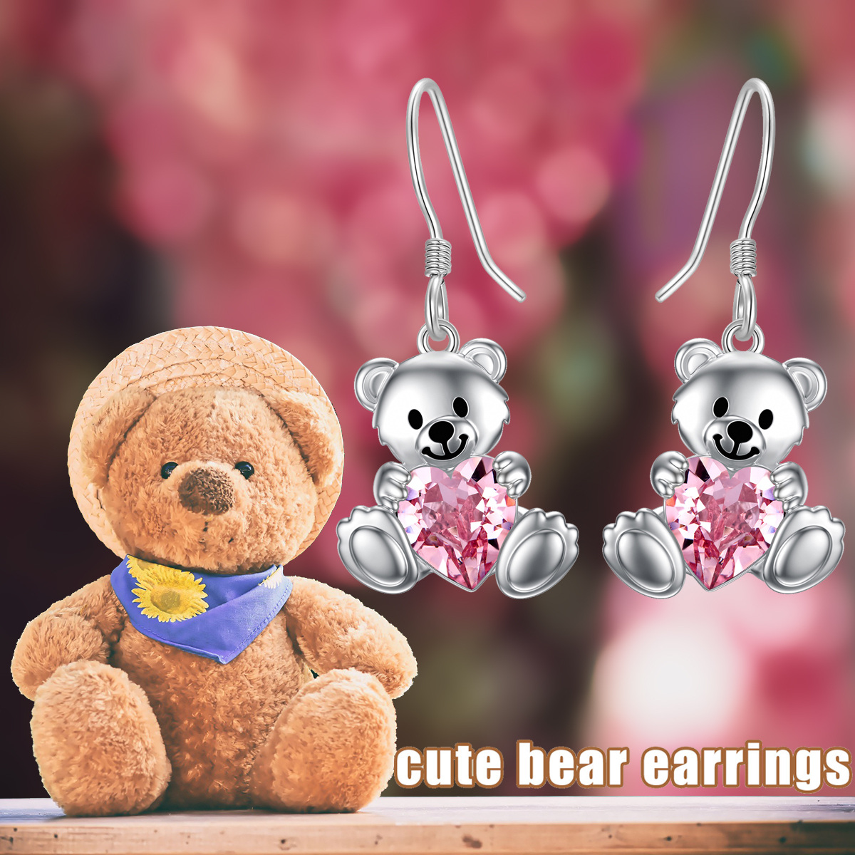 Pendientes colgantes de plata de ley con forma de corazón y oso para mujer-6