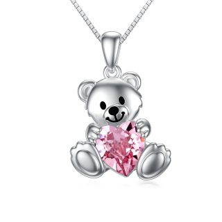 Sterling Silver Heart Shaped Crystal Bear Pendant Necklace-3