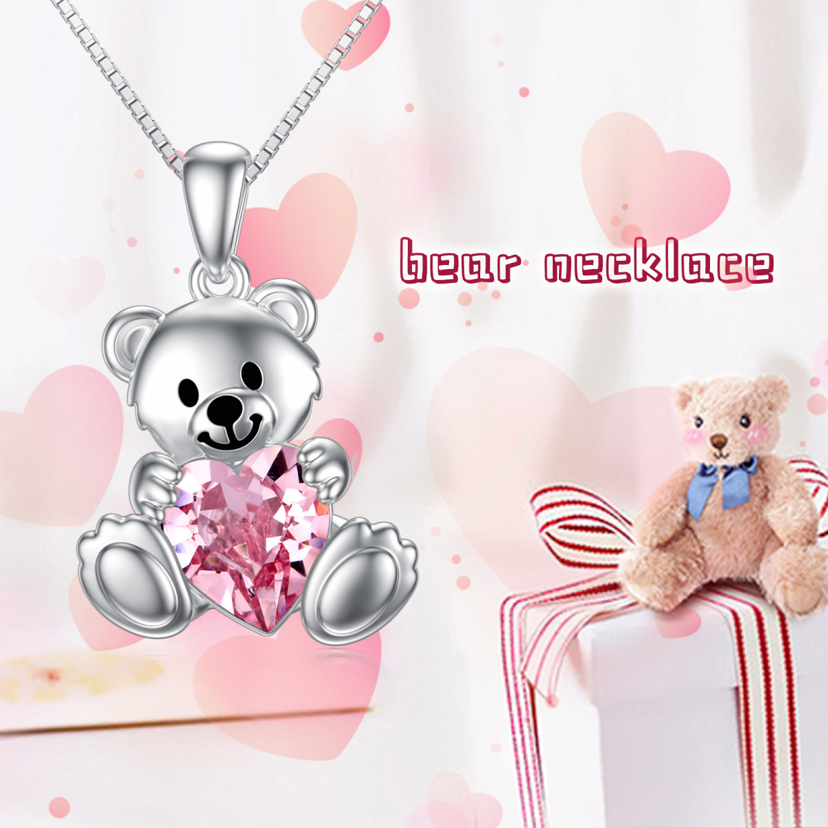 Sterling Silver Heart Shaped Crystal Bear Pendant Necklace-3