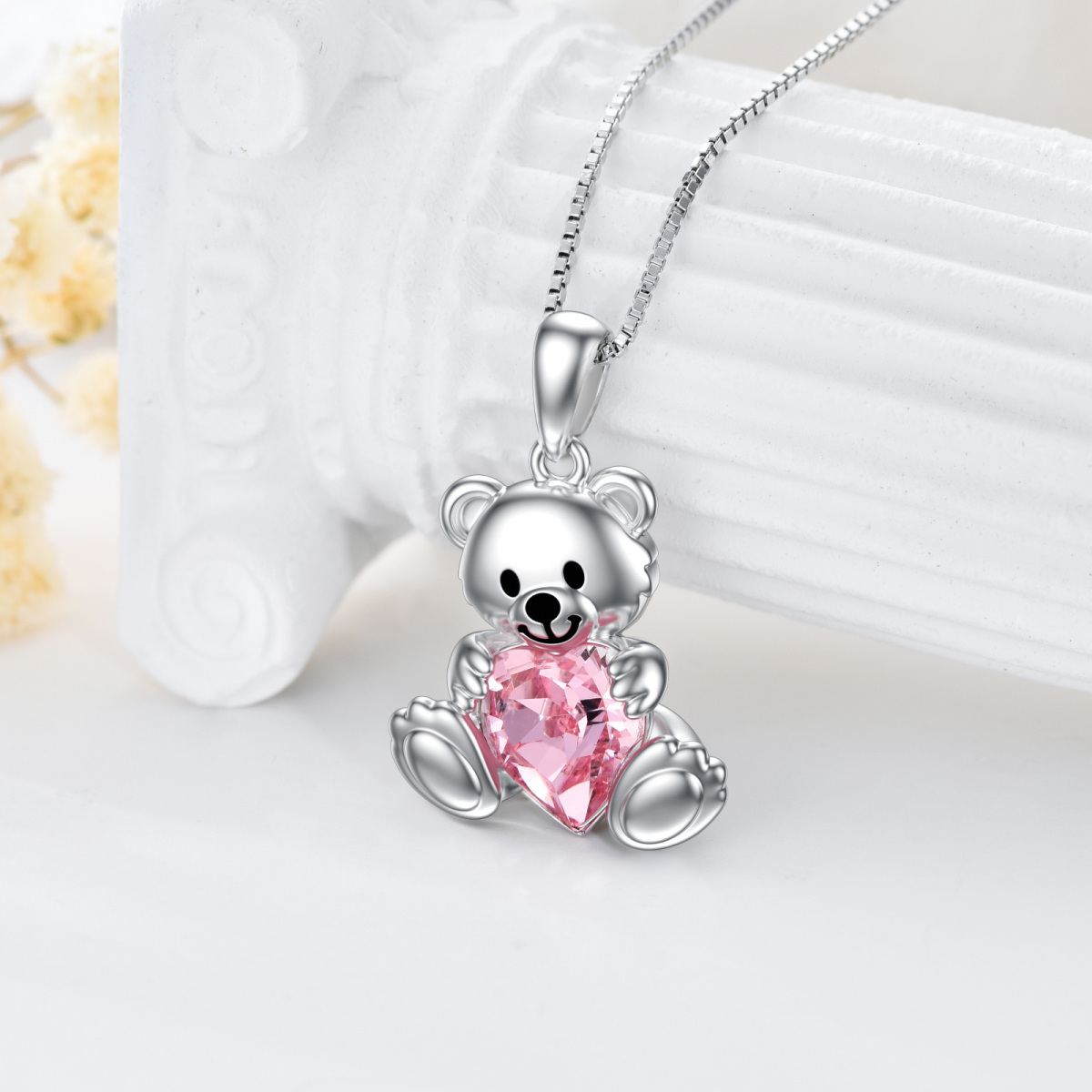 Sterling Silver Heart Shaped Crystal Bear Pendant Necklace-4