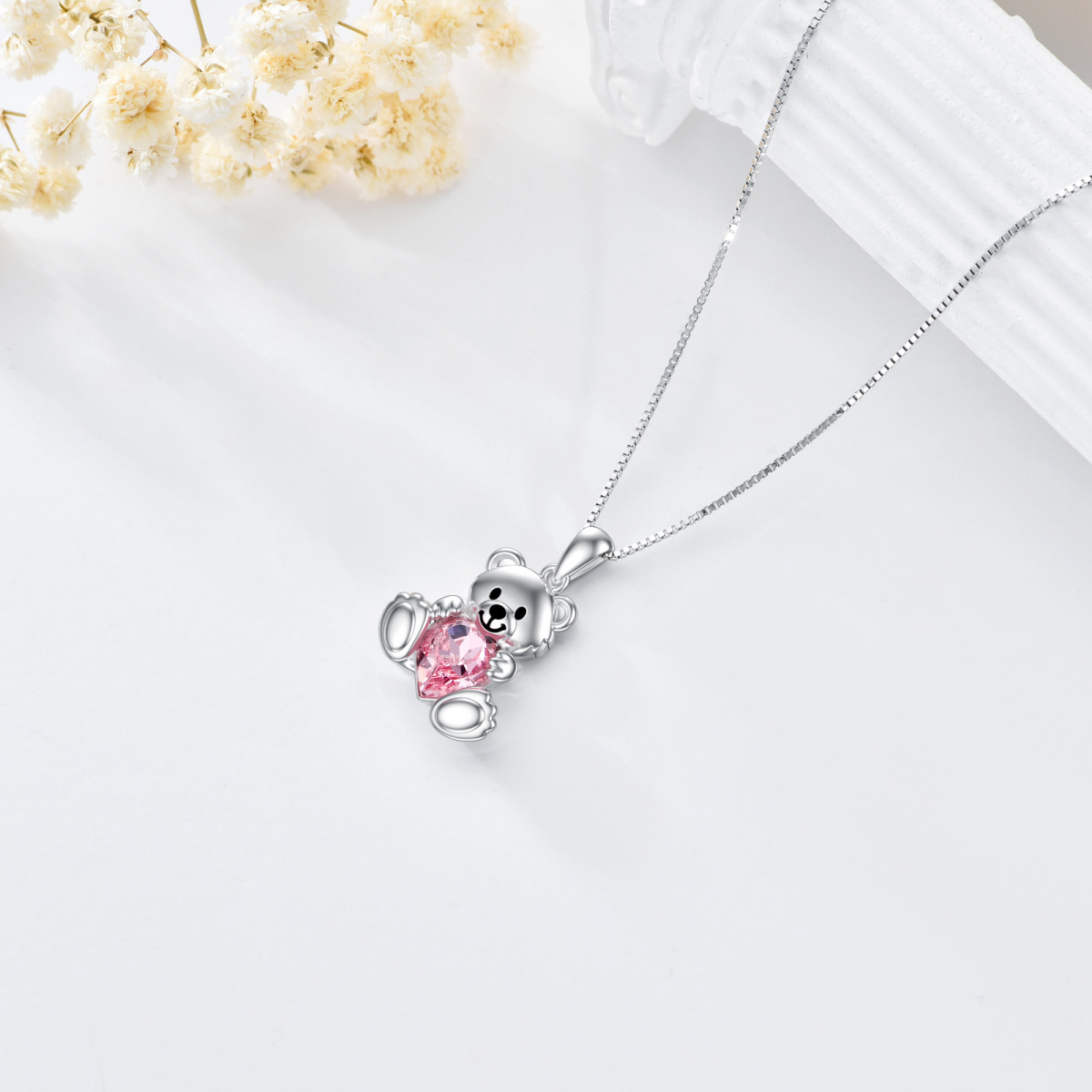 Sterling Silver Heart Shaped Crystal Bear Pendant Necklace-5